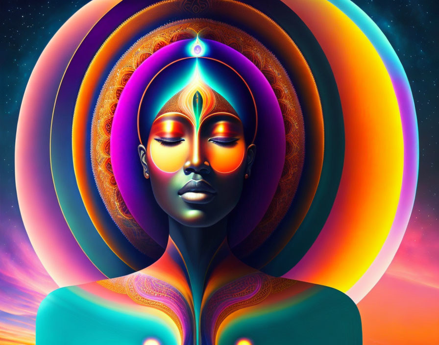 Serene meditative face in vibrant concentric circles