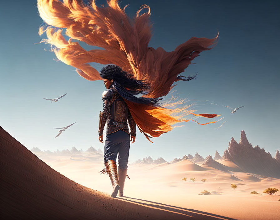 Red-haired person walking on desert dune with birds and rocky formations