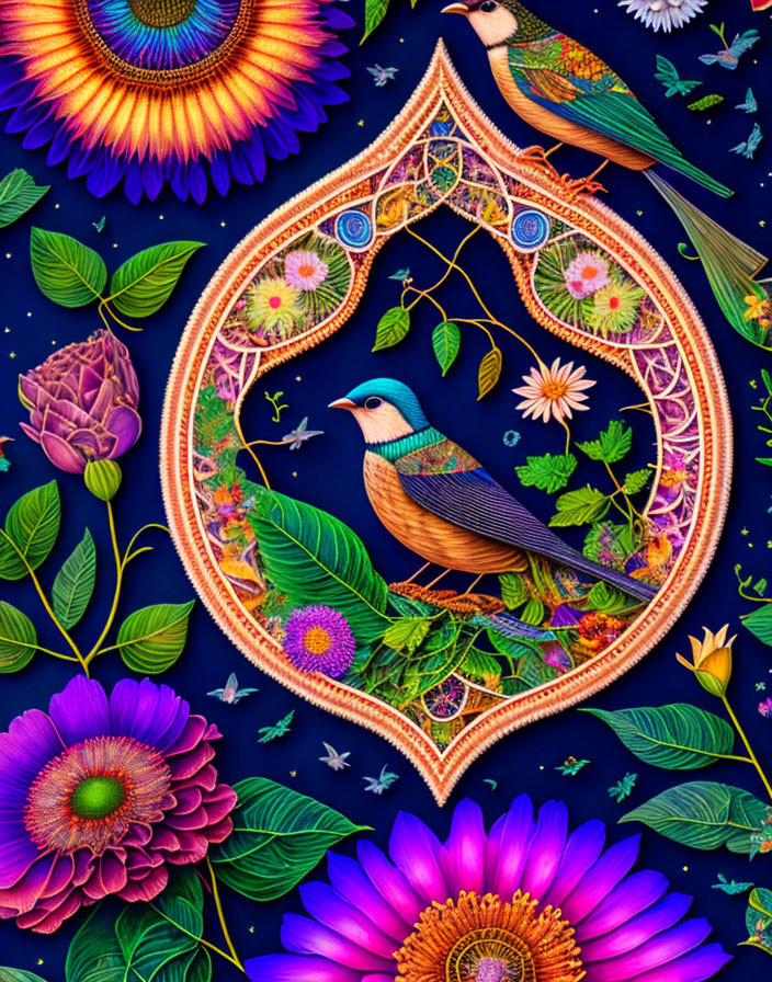 Colorful Birds and Heart-shaped Flora on Dark Blue Background