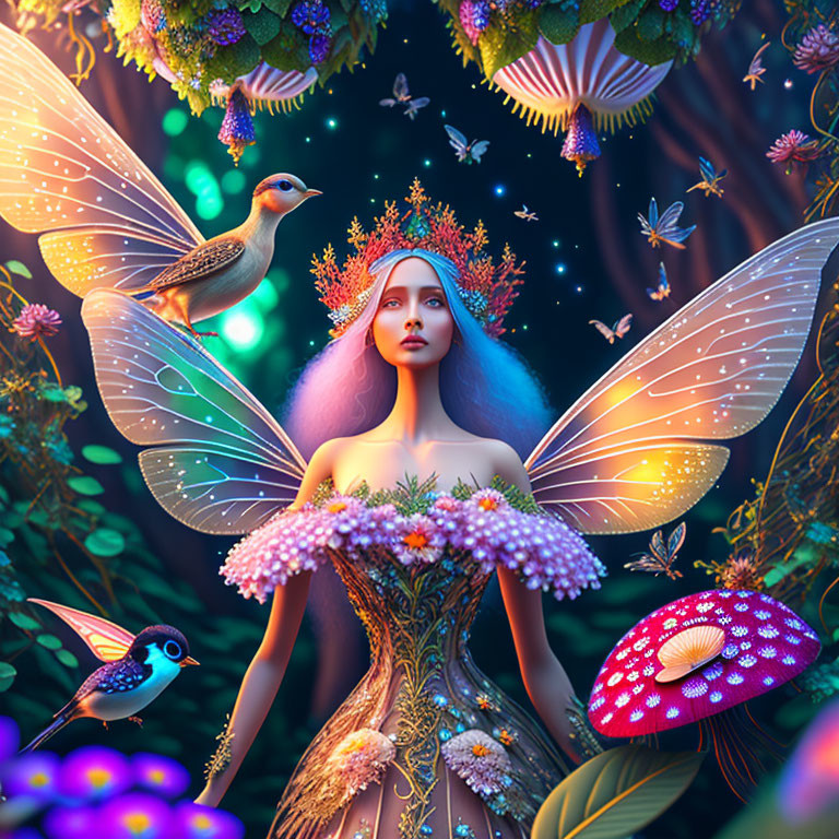 Enchanted forest with fairy, vibrant flora, butterflies, and birds