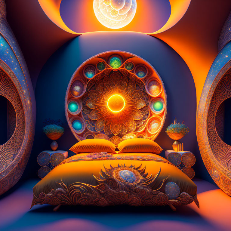 Colorful Surreal Bedroom with Psychedelic Patterns and Mandala Art