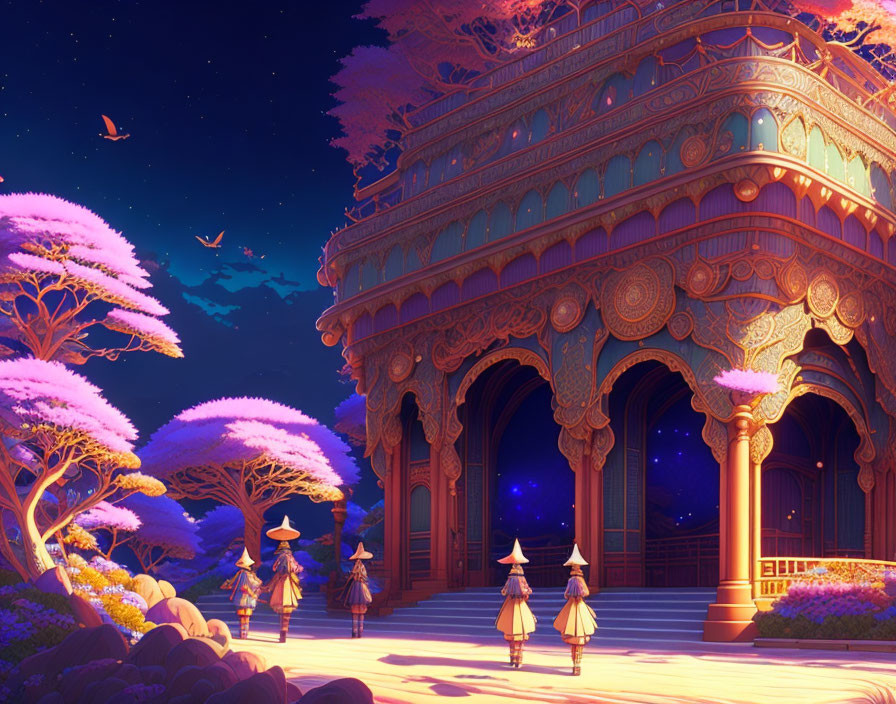 Fantastical palace at dusk with pink trees and figures under starry sky