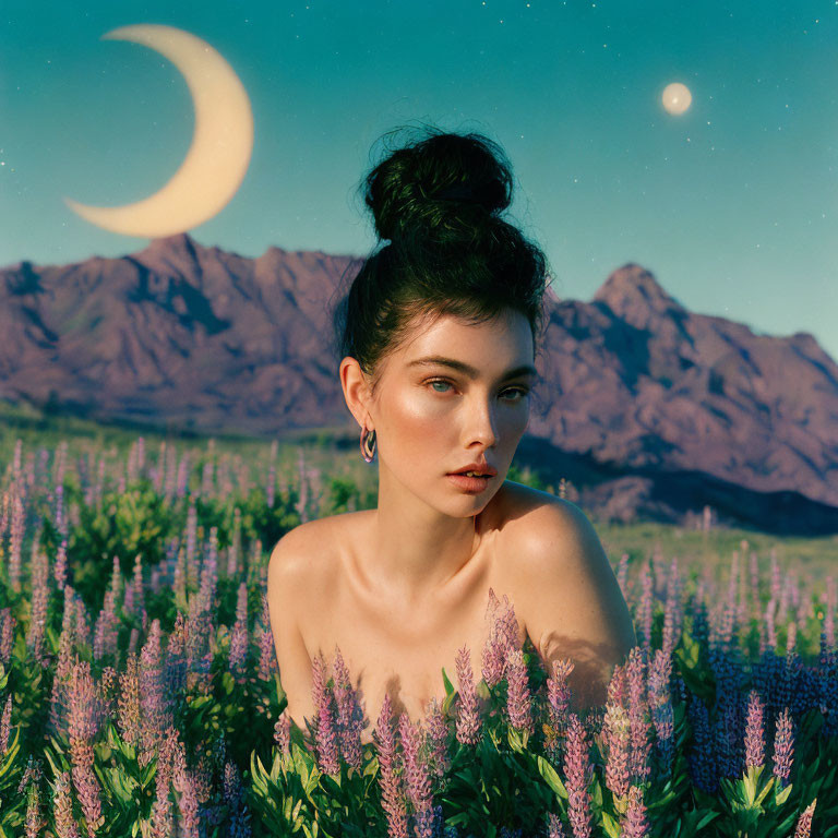 Woman with bun hairstyle among purple flowers under twilight sky with crescent moon and planet.