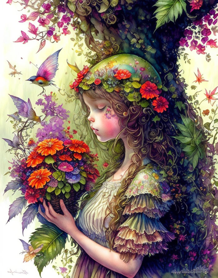 Illustration of young girl with flowers and bird in lush greenery