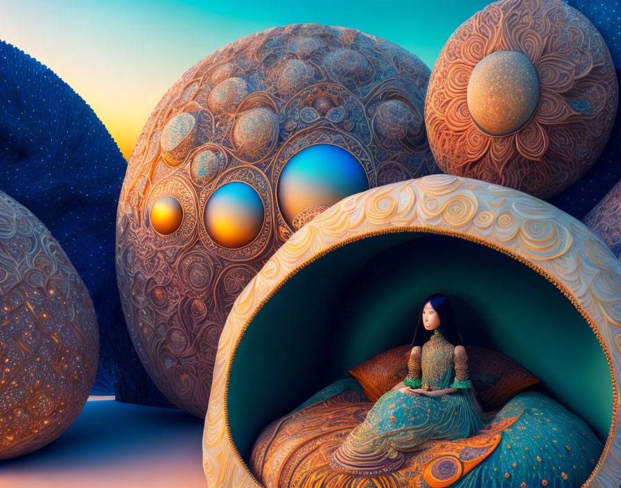 Person sitting in ornate shell structure under twilight sky surrounded by spherical forms