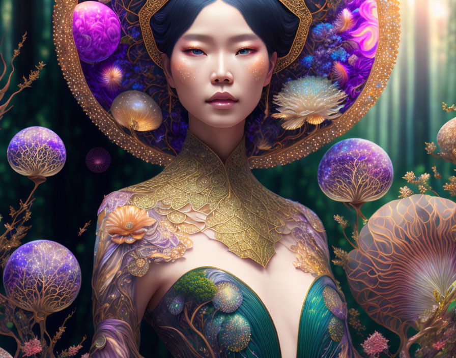 Digital artwork: Woman with gold embellishments, glowing orbs in mystical forest