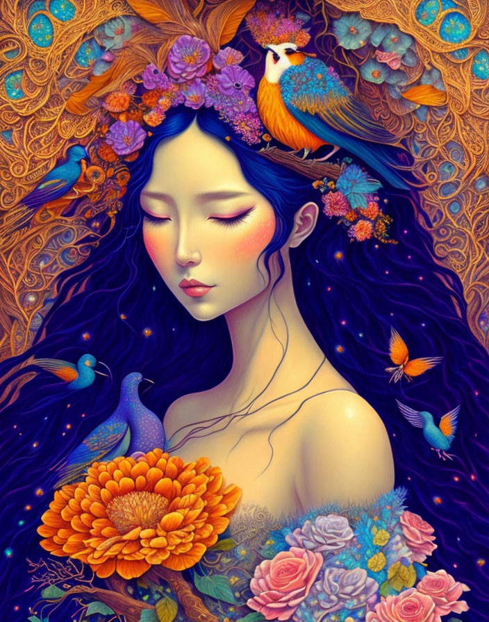 Vivid Woman Surrounded by Flowers and Birds in Fantasy Illustration