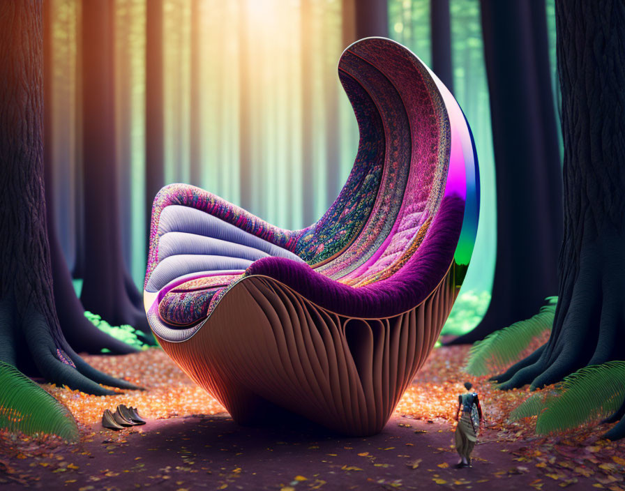 Colorful fractal armchair in mystical forest with sunbeams