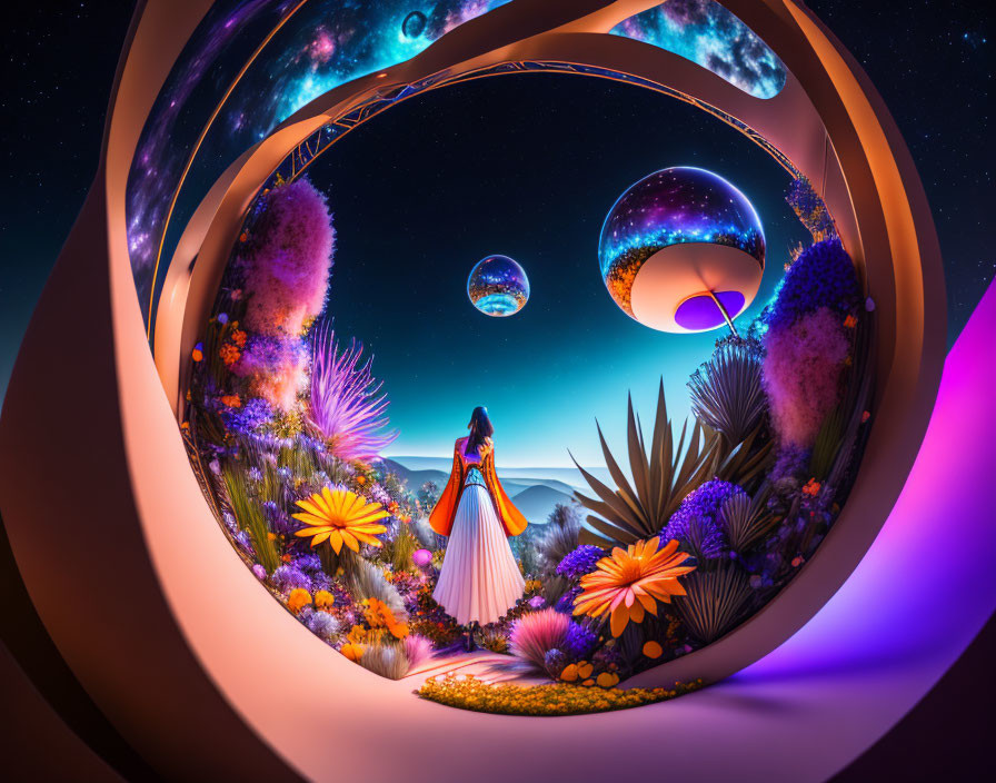 Colorful surreal landscape with person, orbs, and starry night sky.