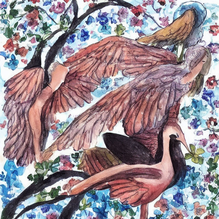 Colorful Watercolor Painting of Winged Figure with Brown Wings in Floral Setting