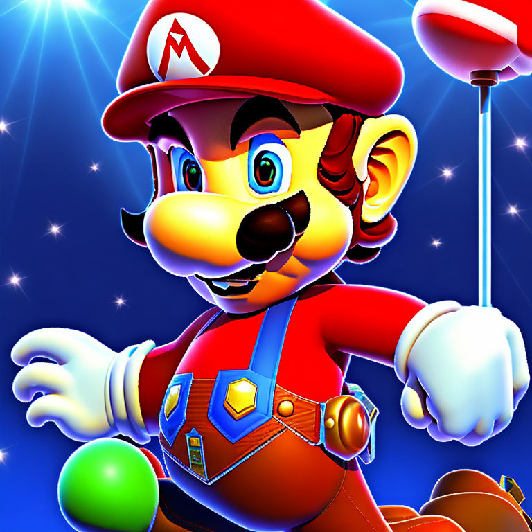 Colorful Mario illustration in red jumpsuit with plunger on starry backdrop