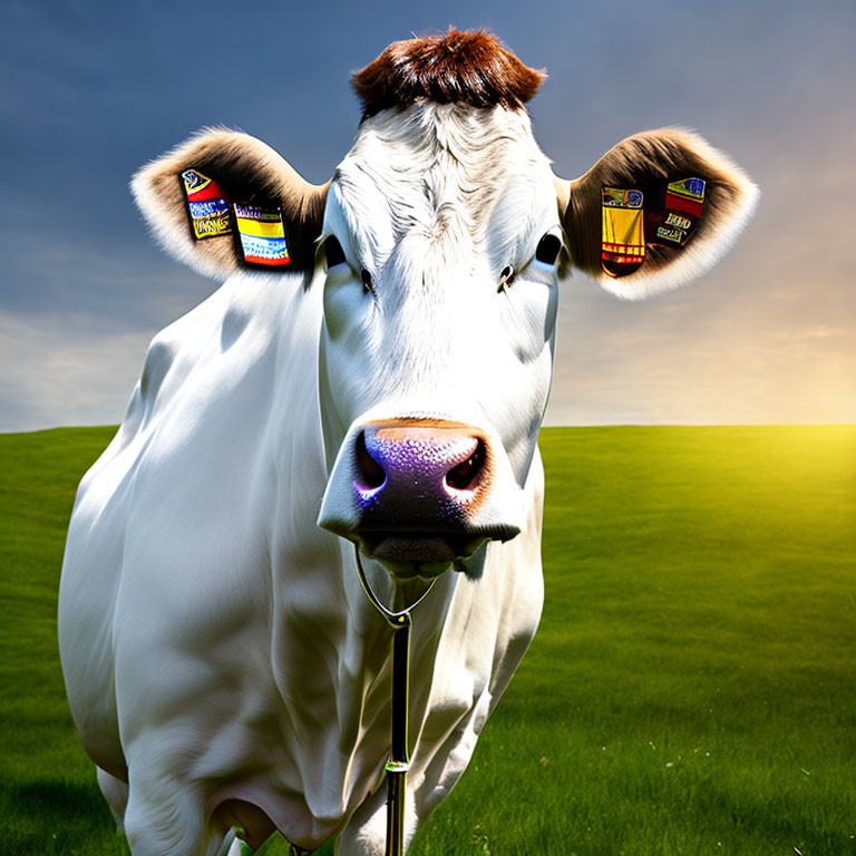 White cow with oversized chip bag ear tags in green field under blue sky