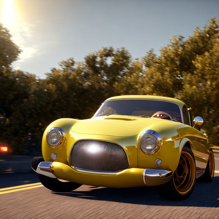 Vintage yellow car driving on road at sunset