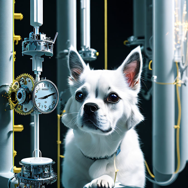 White Dog with Dark Ears in Steampunk Mechanical Contraption Setting