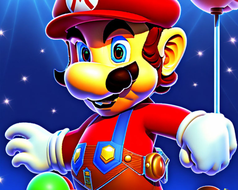 Colorful Mario illustration in red jumpsuit with plunger on starry backdrop