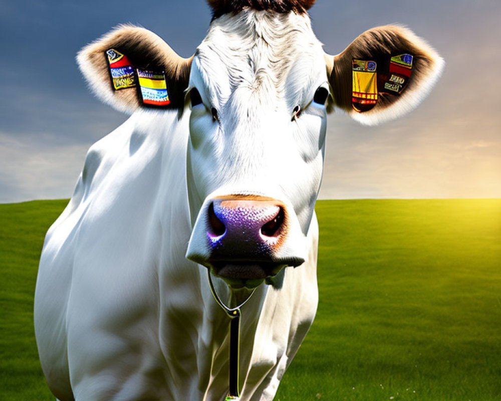 White cow with oversized chip bag ear tags in green field under blue sky