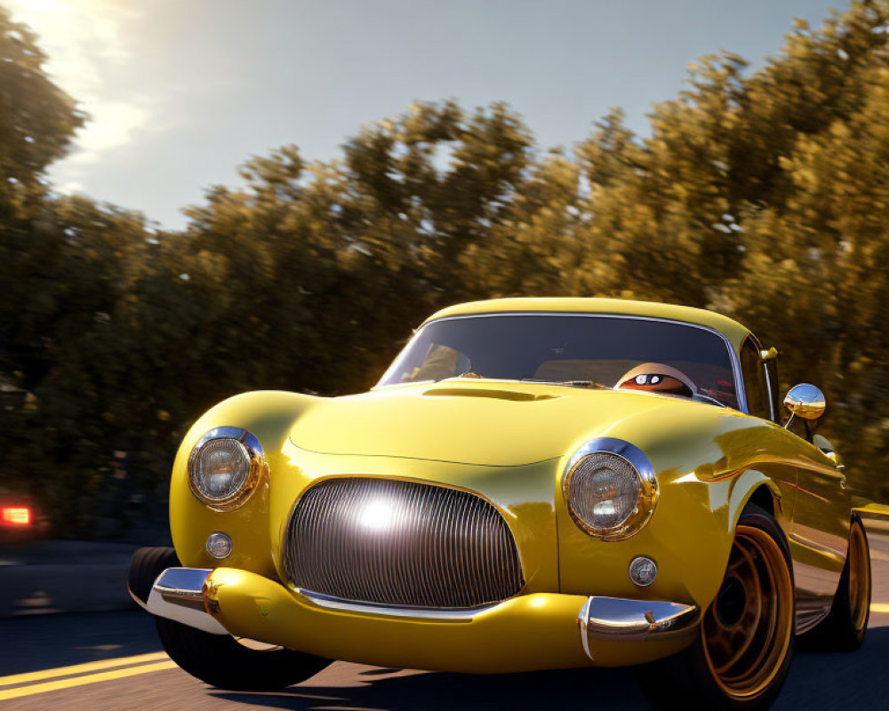 Vintage yellow car driving on road at sunset