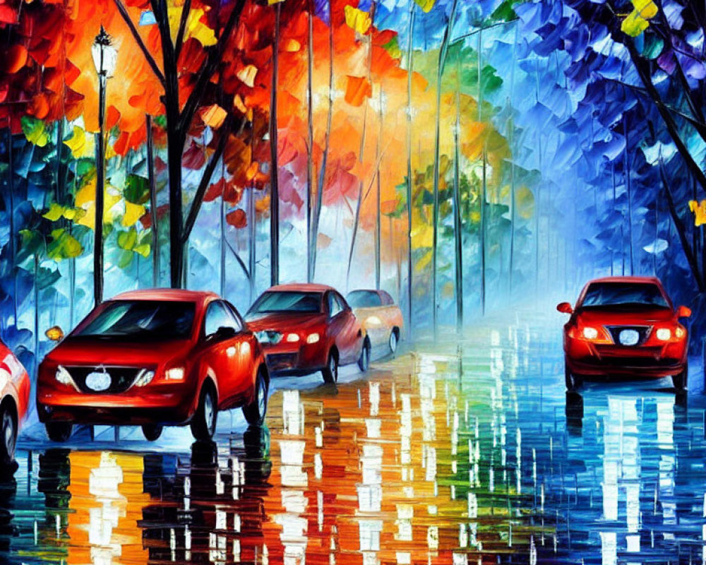 Colorful Cars on Rainy Street with Reflective Trees: Impressionistic Painting