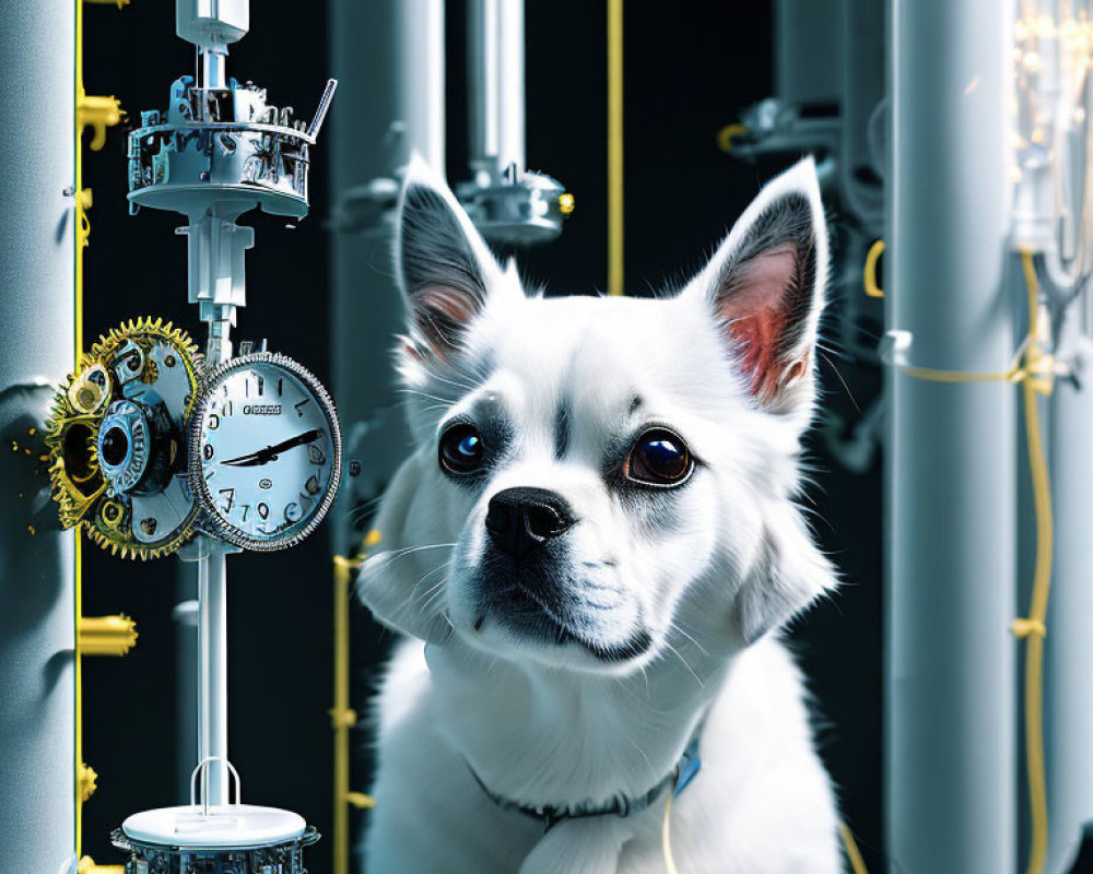 White Dog with Dark Ears in Steampunk Mechanical Contraption Setting