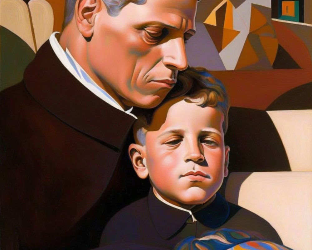 Stylized portrait of three males with solemn expressions