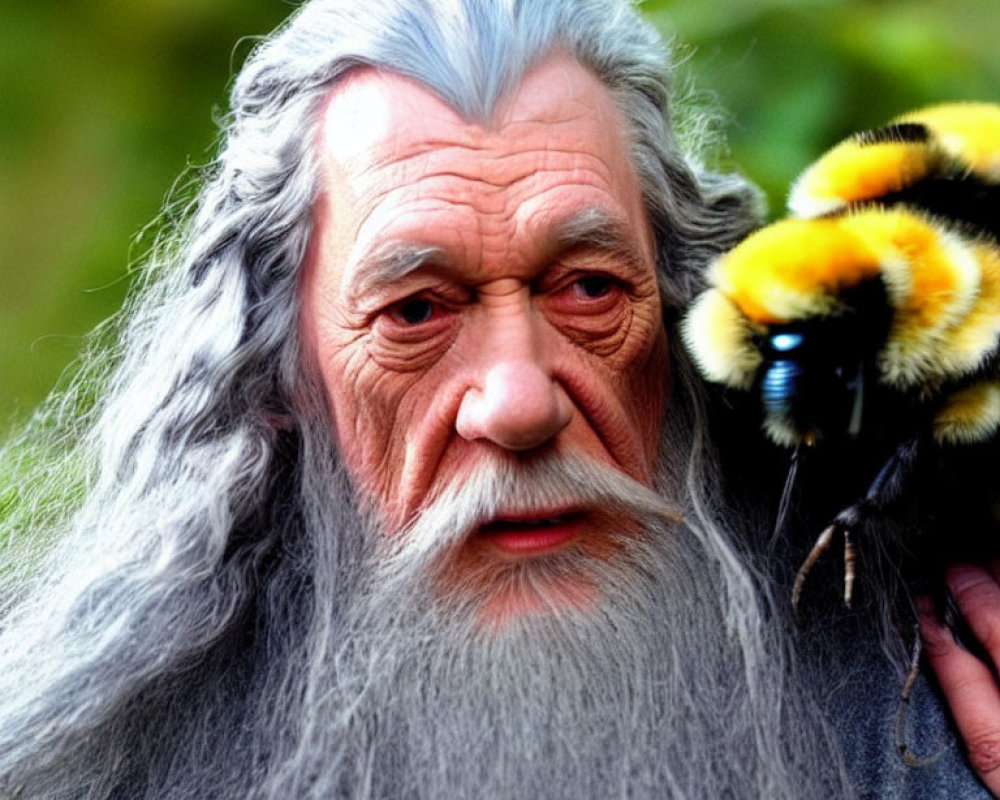 Elderly man with long white hair and beard with bumblebee on shoulder