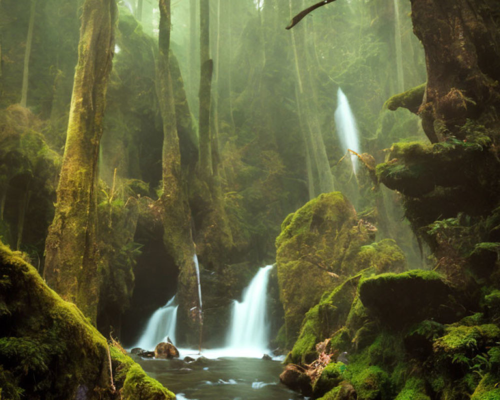 Enchanting forest scene with moss-covered rocks and misty trees