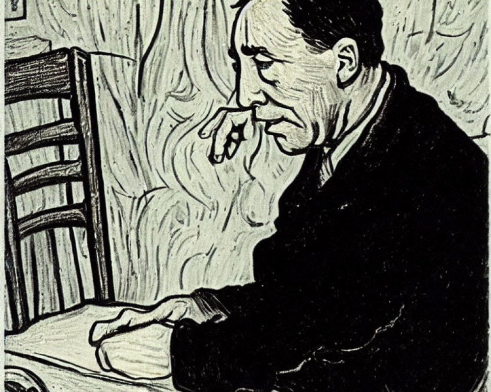 Monochrome illustration of a man in contemplation at a table with swirling background lines