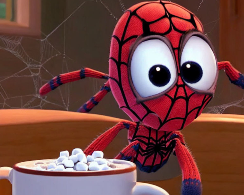 Animated Spider-Man character with big eyes in cobwebbed room setting