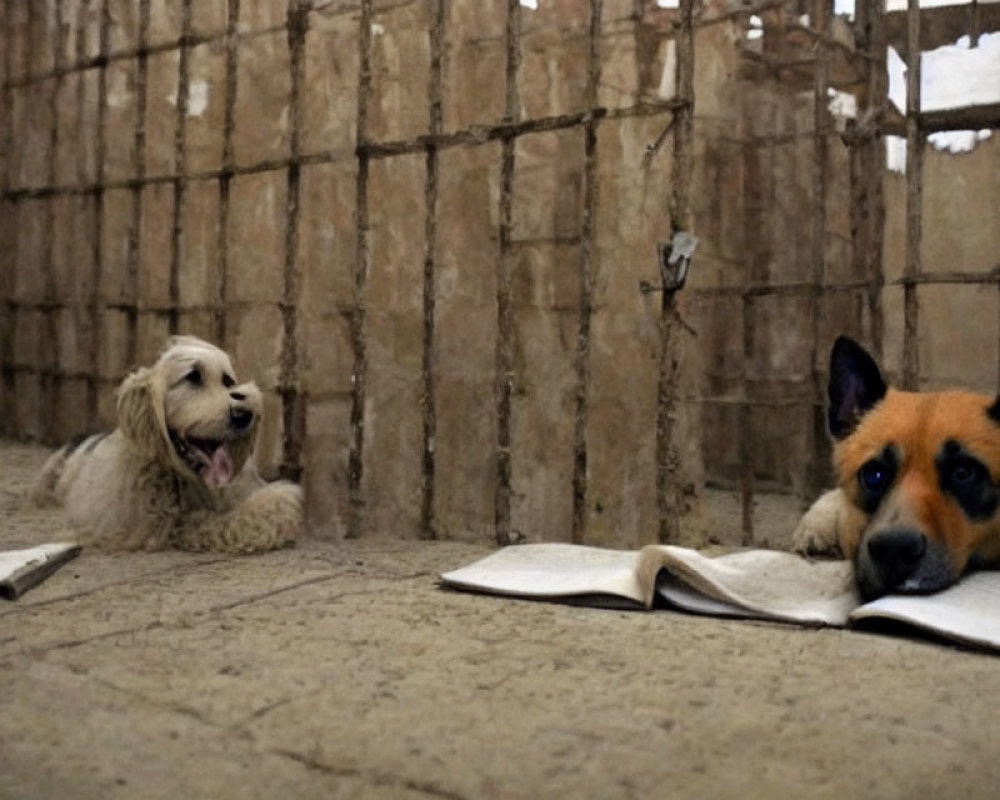 Two dogs with open book between them in bamboo-walled room