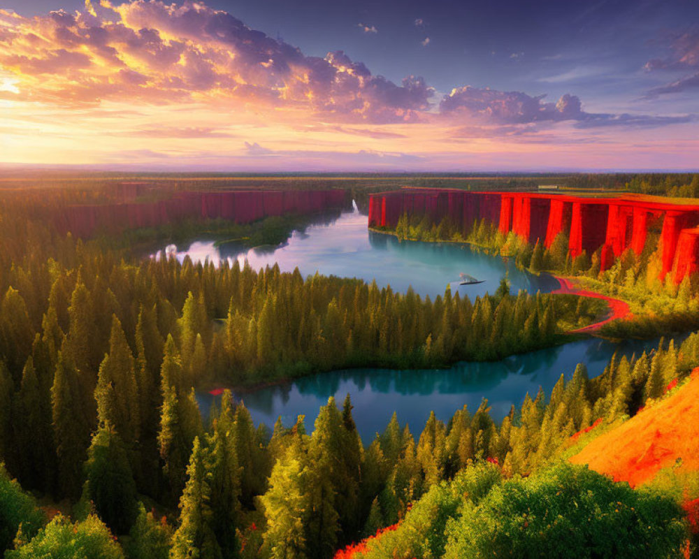 Scenic landscape with river, red cliffs, green trees, fiery sunset