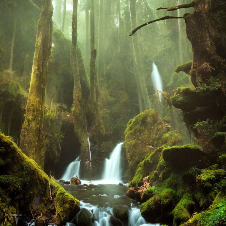 Enchanting forest scene with moss-covered rocks and misty trees