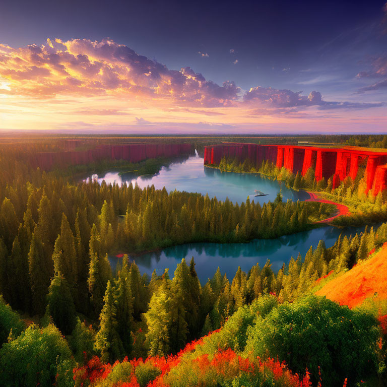 Scenic landscape with river, red cliffs, green trees, fiery sunset