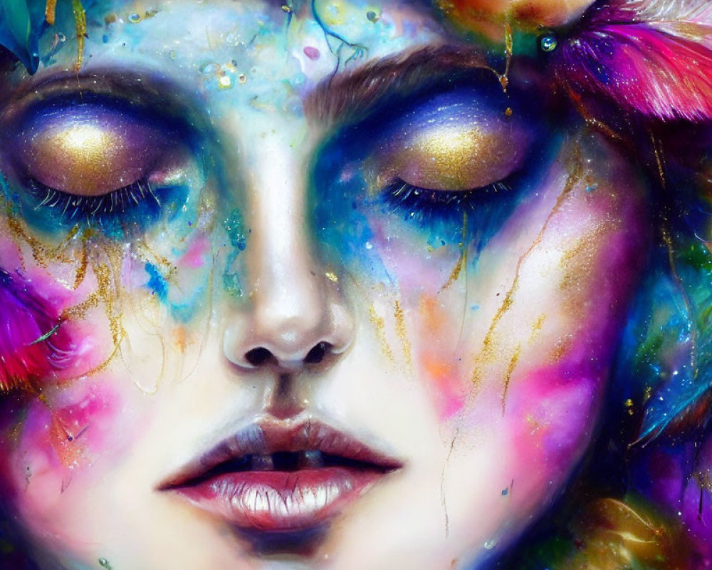 Colorful artistic representation of woman's face with closed eyes and floral elements