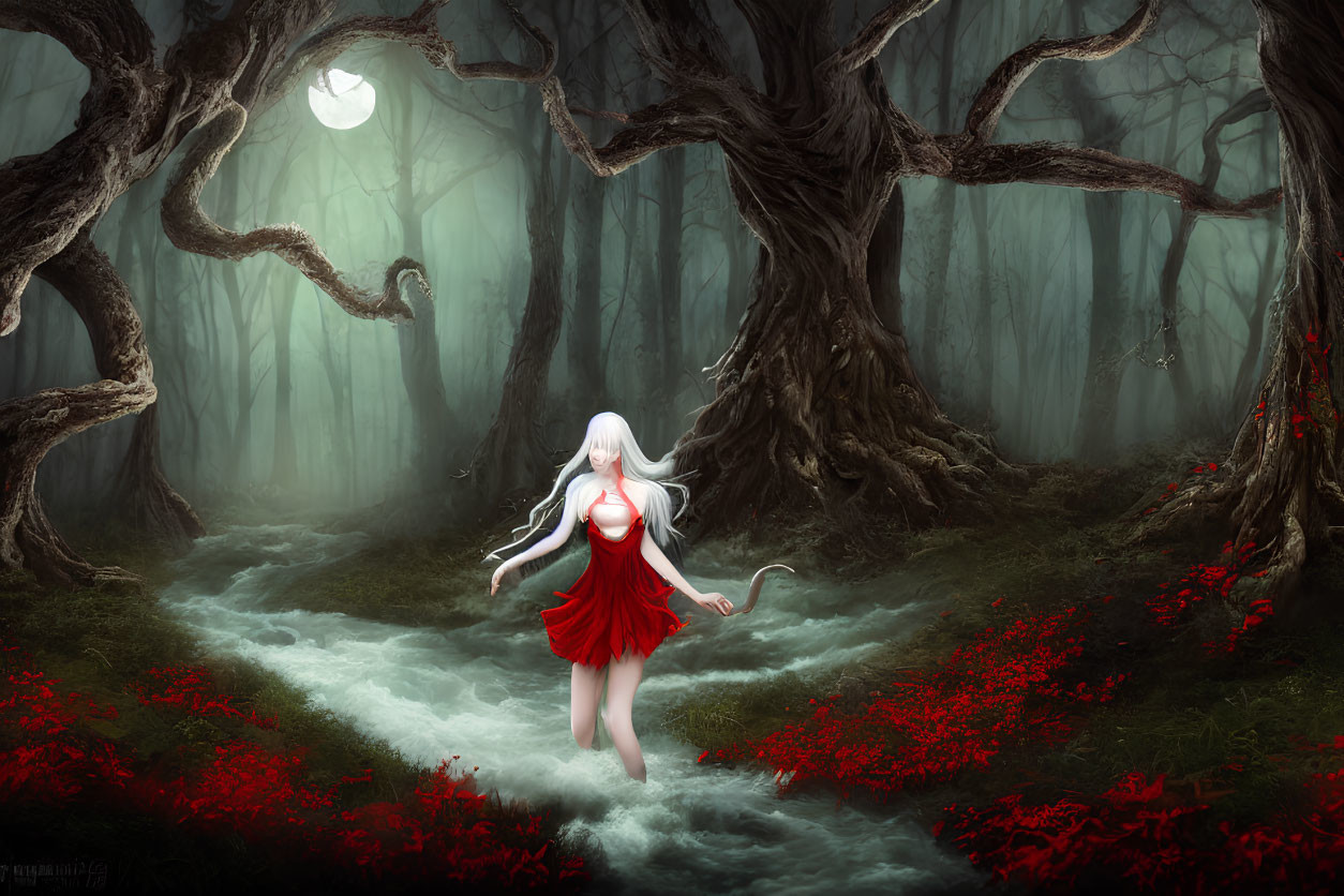 Enchanted forest with white-haired woman in red dress at night