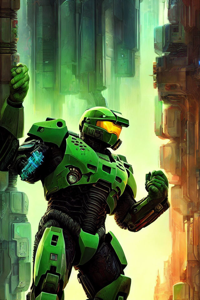 Futuristic armored soldier in green suit with golden visor in sci-fi cityscape