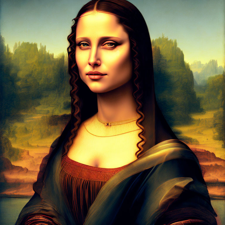 Exaggerated Mona Lisa digital artwork in serene landscape