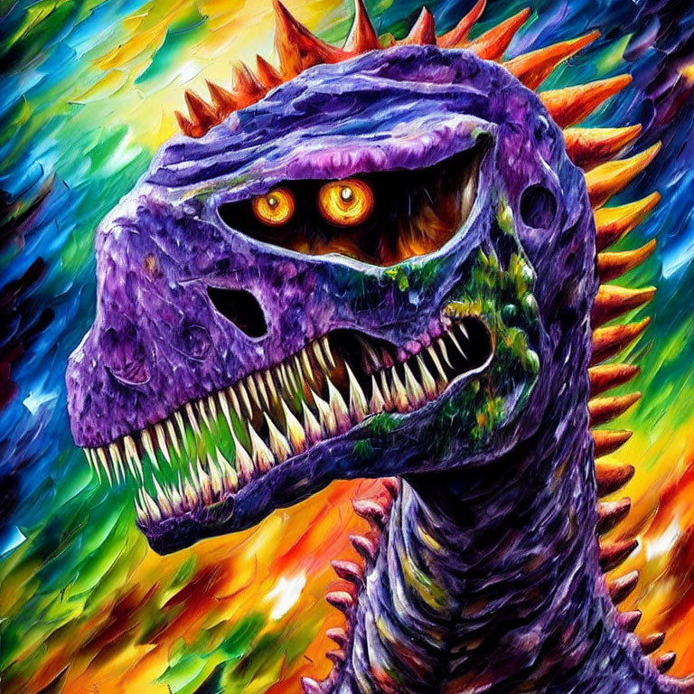 Vibrant dinosaur head illustration with fiery eyes and multicolored spikes