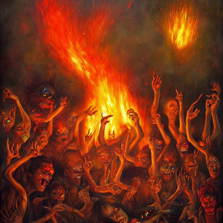 Grotesque creatures in fiery agony against dark backdrop