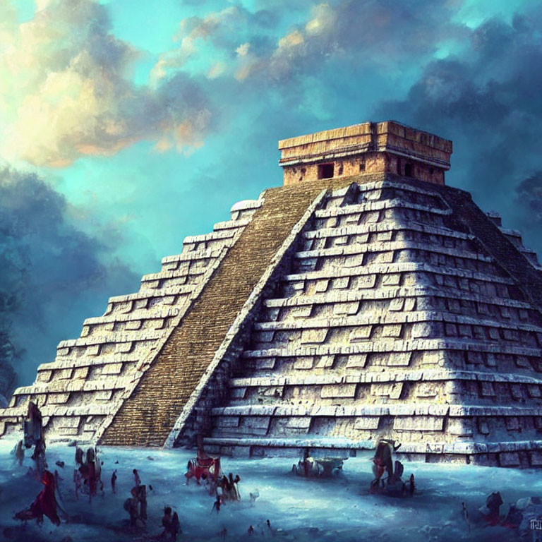 Ancient Mesoamerican pyramid with steps under dramatic sky and people gathered.