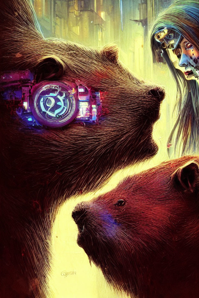 Colorful artwork: cybernetic bear, regular bear, and half-human, half-robotic