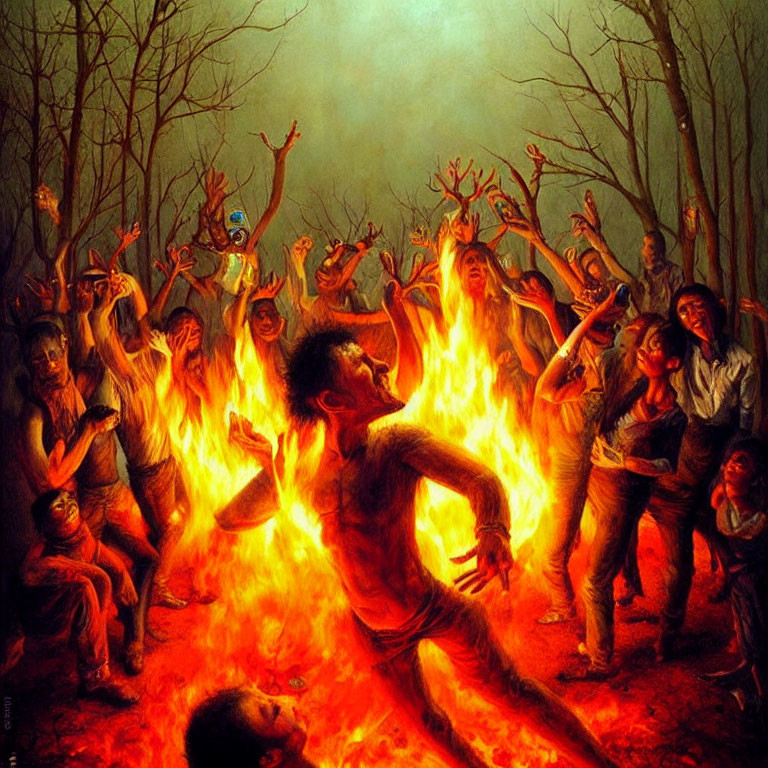 Group of people dancing frenetically around large fire in forest at night