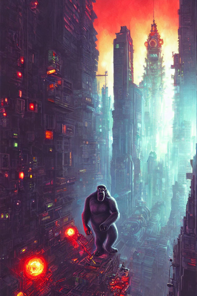 Brooding gorilla in neon-lit city ruins at dusk with fiery clouds