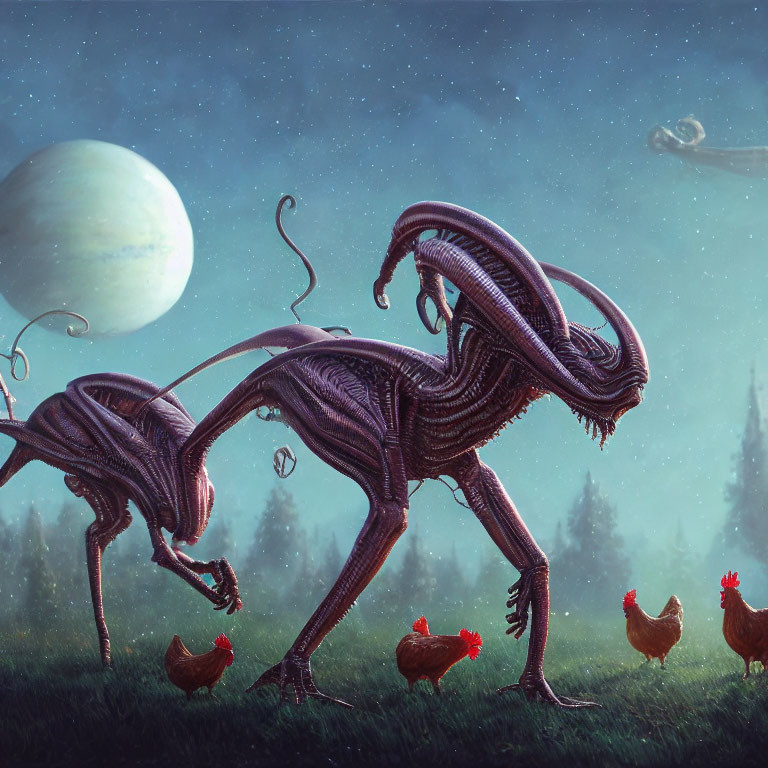 Misty forest scene with alien creatures, chickens, moon, and distant planet