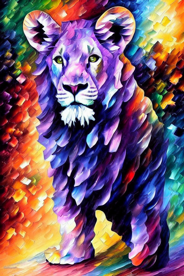 Vibrant abstract lion painting with mosaic-like pattern in rich hues