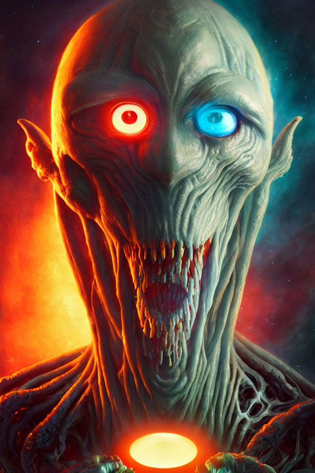 Grotesque creature with red and blue eyes, sharp teeth, and glowing orb