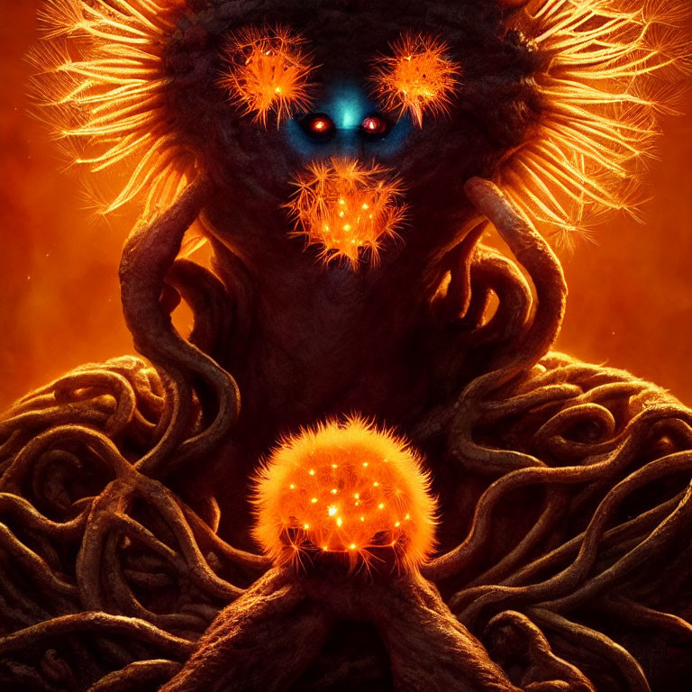 Fantastical creature with glowing blue eyes and fiery mane holding luminous orb