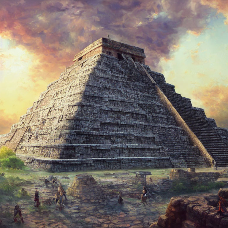 Ancient Mesoamerican Pyramid Amidst Ruins with People and Cloudy Sky