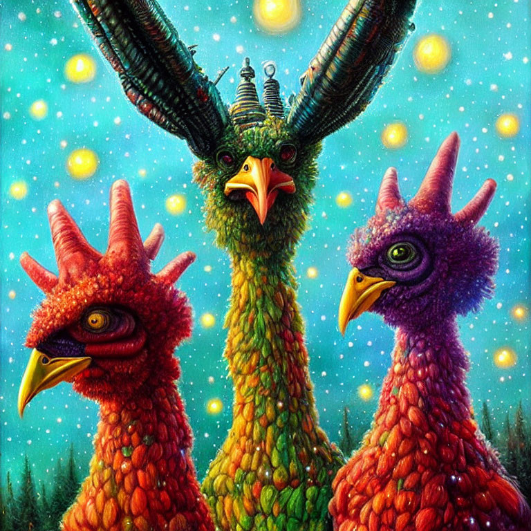 Colorful Fantastical Birds Against Starry Sky Background