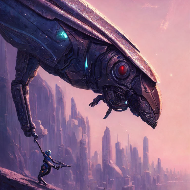 Futuristic humanoid figure with giant mechanical bird in purple cityscape