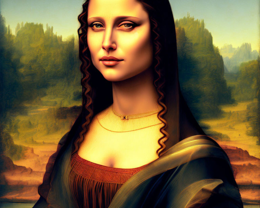 Exaggerated Mona Lisa digital artwork in serene landscape